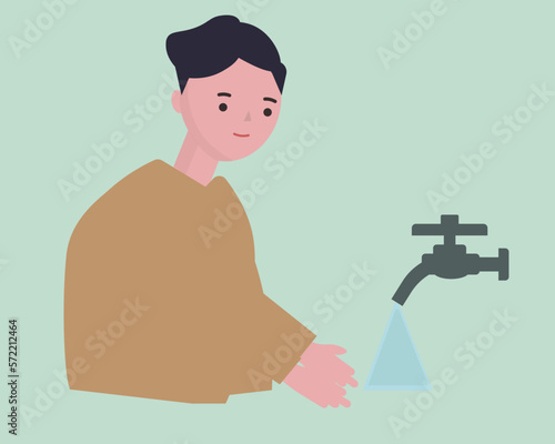 手を洗う男性。手洗い、感染予防、風邪対策、清潔。ベクターイラスト