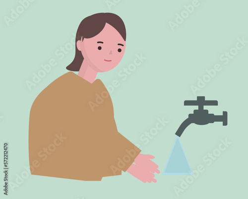 手を洗う女性。手洗い、感染予防、風邪対策、清潔。ベクターイラスト
