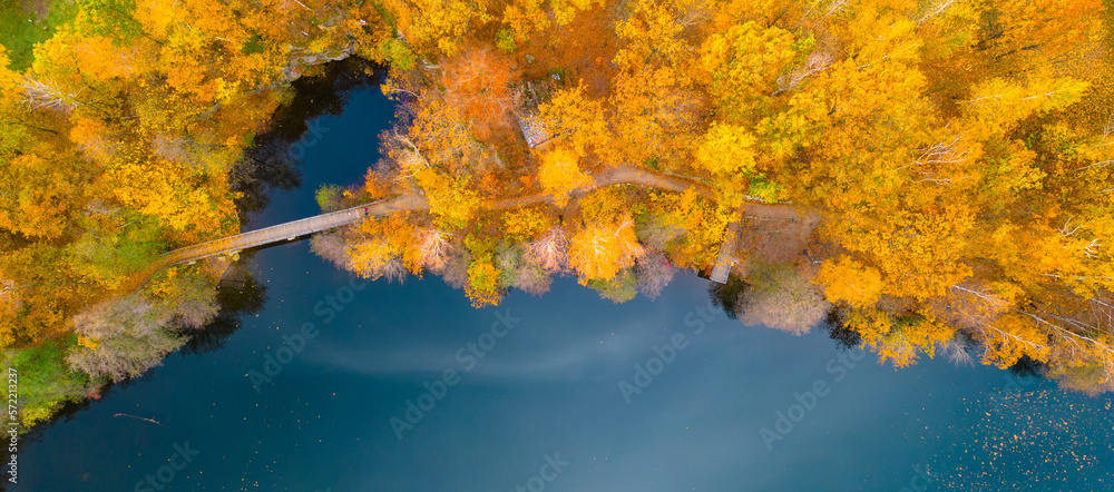 Tourist path through vibrant colored forest and bridge over blue water at autumn time. Aerial view from drone.