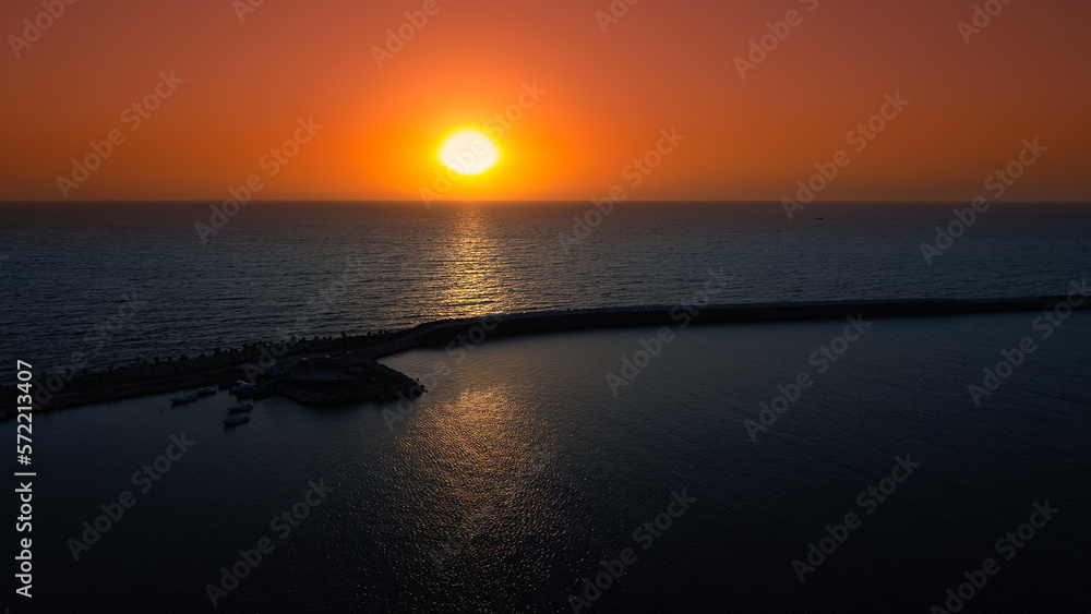 Sunrise over Black Sea. Aerial view of a beautiful summer sea sun rise. Nature sea landscape wallpaper image.