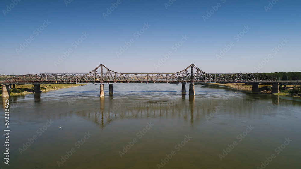 Aerial view of Cernavoda Fetesti Bridge on the highway from Bucharest to Constanta in Romania over Danube River