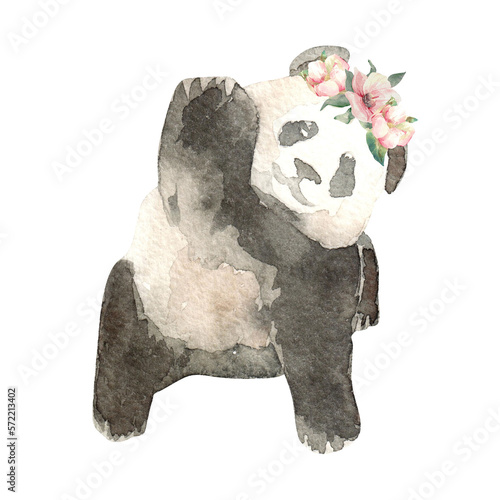 Watercolor animals with bouquet of flowers isolated on white photo