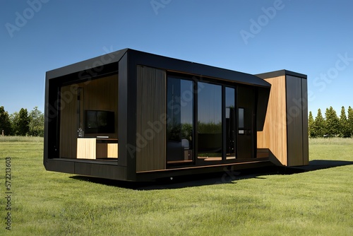 Modular wooden house on wheels with flat roof and big windows all around. Modern and elegant style, with an outdoor living area. Generative AI