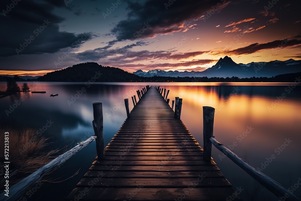 Perspective view of a wooden pier on the pond with an amazing sunset, with reflections on the water. inspiration concept, enjoy life, relaxing moment -  Generative AI