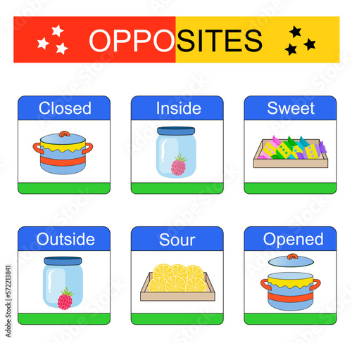 Educational material for kids opposites words: sweet sour, opened closed, inside outside. Learning cards. Vector illustration