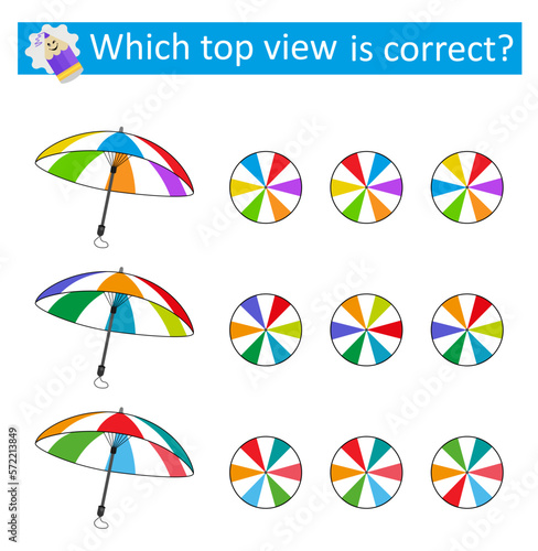 Puzzle game for children. Which top view is correct? IQ training test. Vector illustration