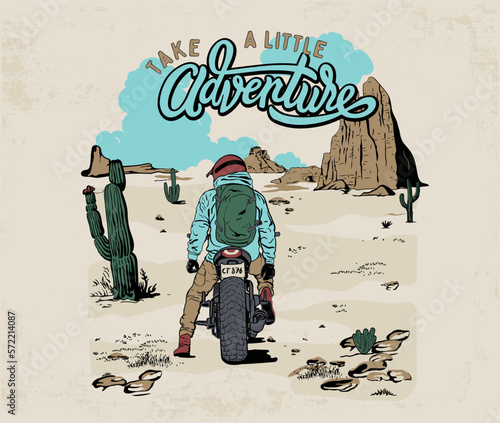 motorbike rider in desert vector illustration, desert adventure design with typography, motorcycle traveler vector, arizona landscape art