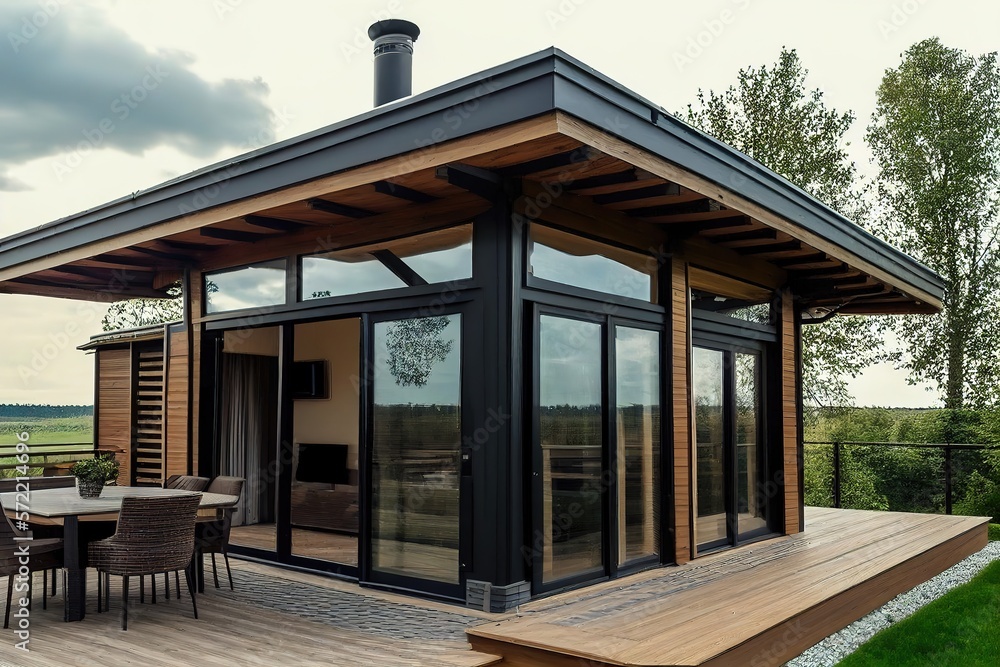 Timber frame modular house with flat roof, panoramic windows and double doors. Generative AI Timber frame modular house with flat roof, panoramic windows and double doors. Generative AI