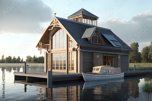 Lake house with private pier and boat. Woods on the background with sunrise in the morning - Generative AI