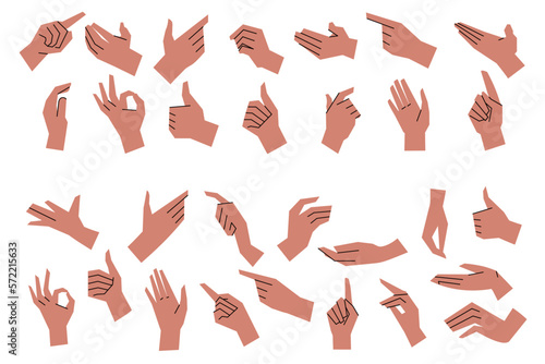 Set of male and female hands with different gestures and positions. Gestures of approval, holding something, pointing, thumbs up, greeting, Ok. Hands in flat table isolated on white background. Vector © Oksana_Skryp