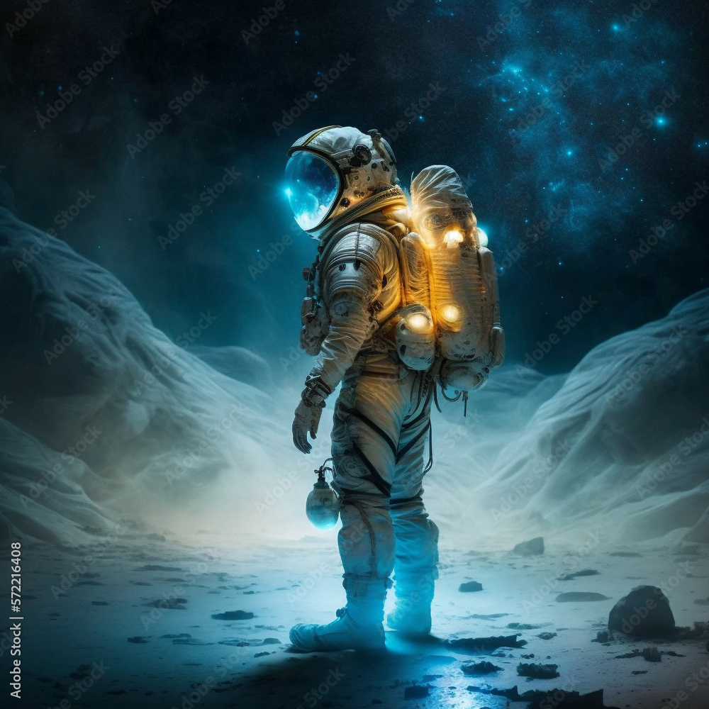 Fototapeta premium Generative AI illustration of an astronaut exploring a new planet, during night time, in a remote galaxy. Concept of Future and Space