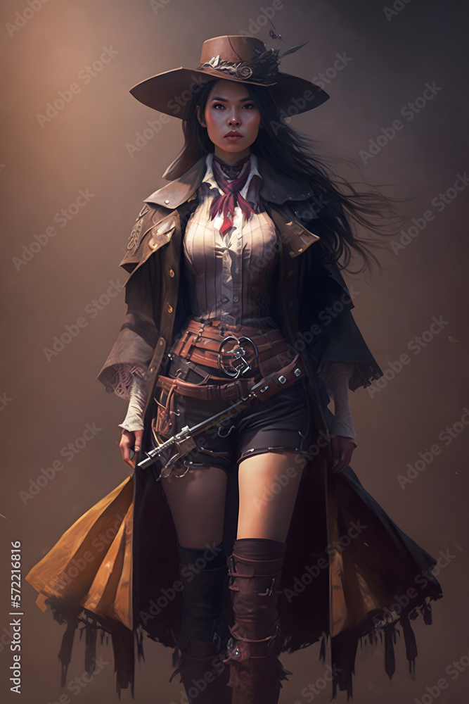 Asian female gunslinger in thigh high boots and skirt, wild west style Asian female gunslinger in thigh high boots and skirt, wild west style