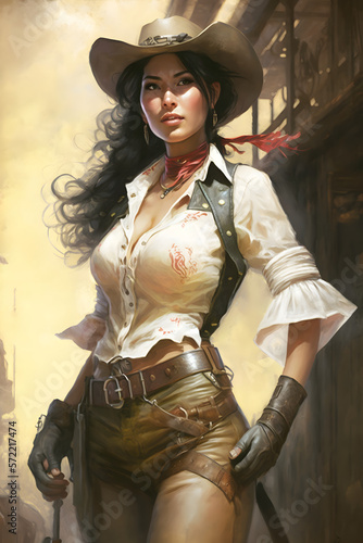 Asian female gunslinger in thigh high boots and skirt, wild west style