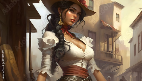 Fictional asian female gunslinger in thigh high boots and skirt, wild west style, generative ai