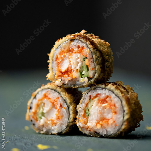 Three sushi rolls in shape of pyramid. Fried sushi rolls with flying fish caviar, shrimp and cucumber. Dark background. Close-up. Side view. Soft focus. Copy space. 