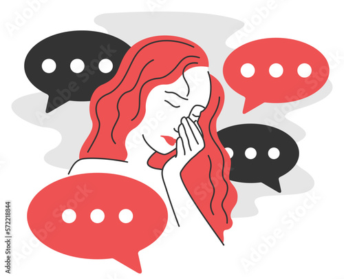 Social bullying - sad woman with messages around
