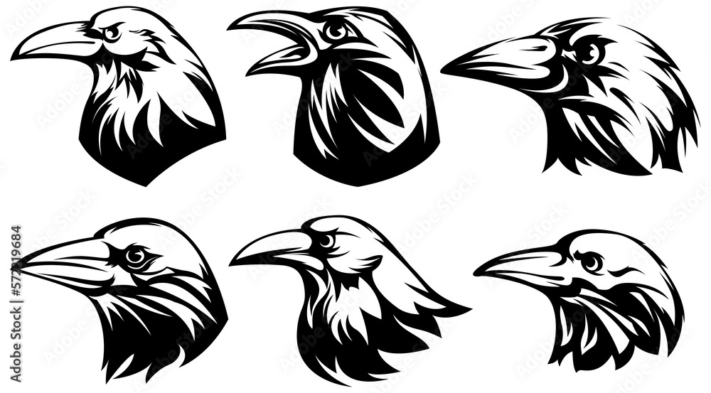 Obraz premium Head of raven. Crow abstract character illustration. Graphic logo designs template for emblem. Image of portrait for company use or tattoo set.