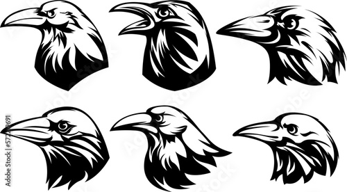 Head of raven. Crow abstract character illustration. Graphic logo designs template for emblem. Image of portrait for company use or tattoo set.