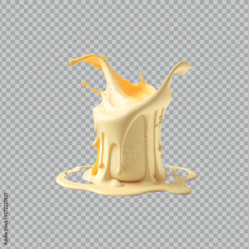 Flowing realistic liquid mayonnaise on transparent background.Spreading cheese, cream, milk, cream or yogurt.