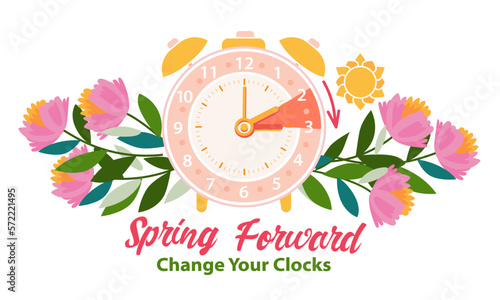 Daylight Saving Time Begins banner. Spring Forward. Reminder guide with clocks change one hour ahead. Vector illustration