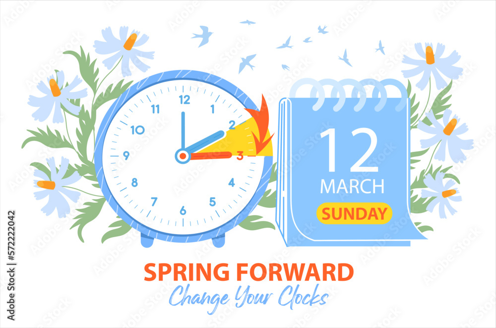 Daylight Saving Time Begins 2023 web banner with clocks and calendar
