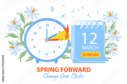 Daylight Saving Time Begins 2023 web banner with clocks and calendar date. Spring forward guide schedule with turning arrow of clock ahead one hour