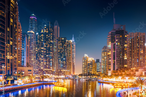 modern architecture of Dubai marina at night. Unites Arab Emirates