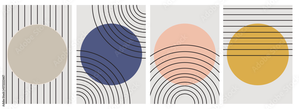 Collection of modern simple color abstractions in boho style with geometric shapes (circles) and black lines on a beige background