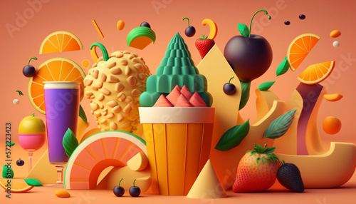 3d colorfull background with fruits and cackes