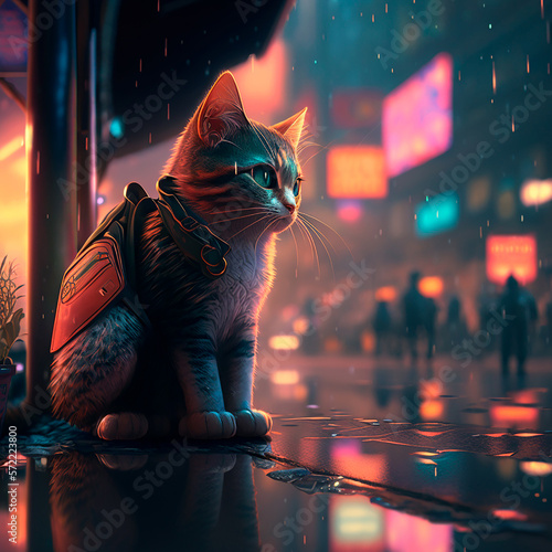 cat in cyberpunk city raining