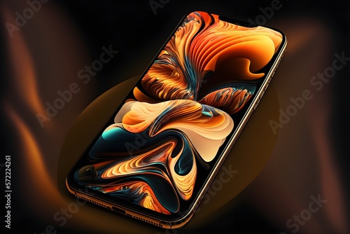 Smartphone mockup in glass morphism or glassmorphism style. Abstract shapes on background with liquid effect.