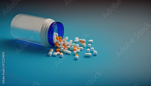 medical pills pour out of a plastic bottle on the table on a blue background, top view, copy space. Generative AI photo