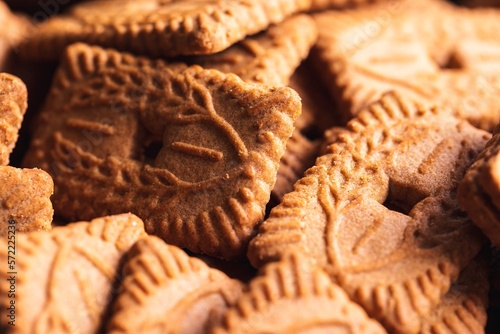 A close up of multiple brown cookies called speculoos or speculaas in Belgium or the Netherlangs. The spiced biscuit is very delicious and popular during the winter period to be eaten at any time.