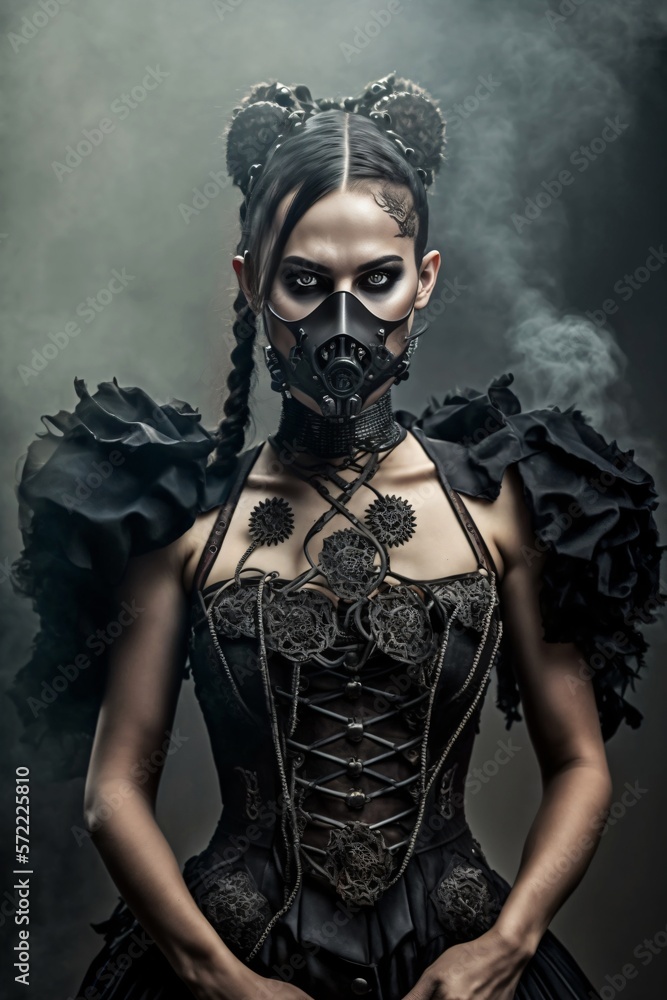 Woman wearing dark black gothic bavarian dirndl. Generative ai. 