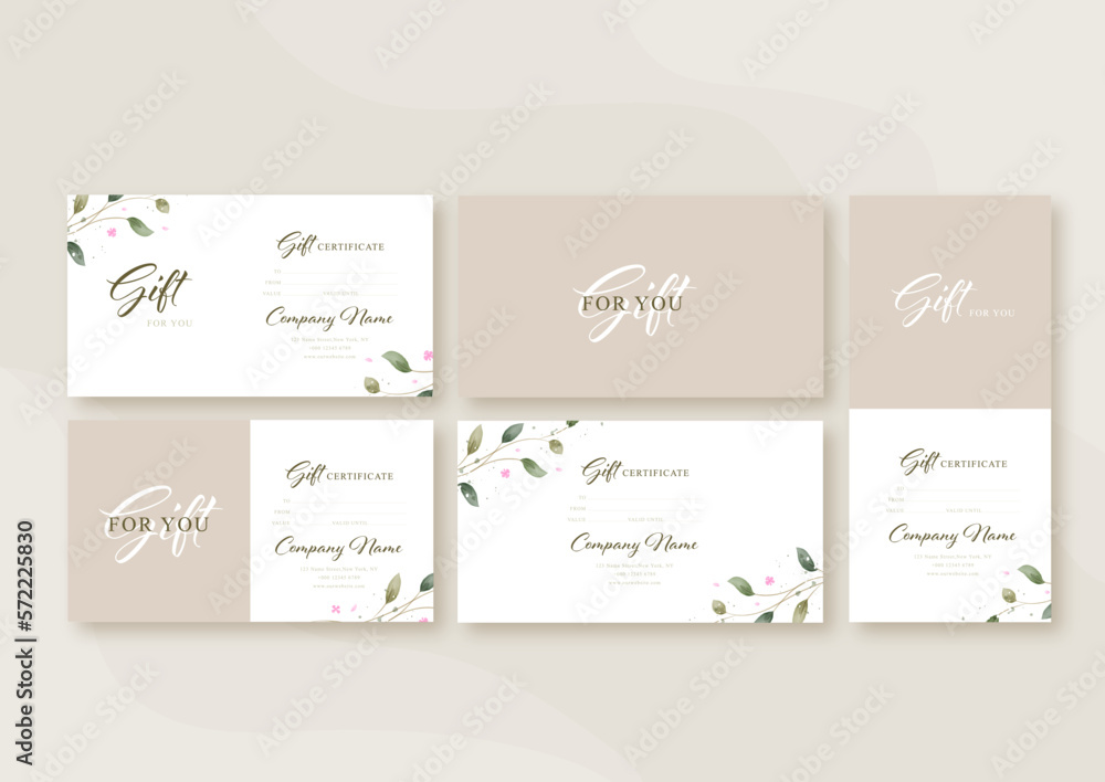Gift voucher card template in rustic style, concept cover. Modern set discount coupon or certificate layout. Greenery Watercolor Floral Vector illustration. Gift voucher card template in rustic style, concept cover. Modern set discount coupon or certificate layout. Greenery Watercolor Floral Vector illustration.