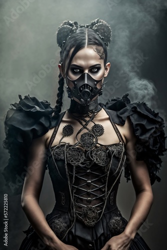 Woman wearing dark black gothic bavarian dirndl. Generative ai. 
