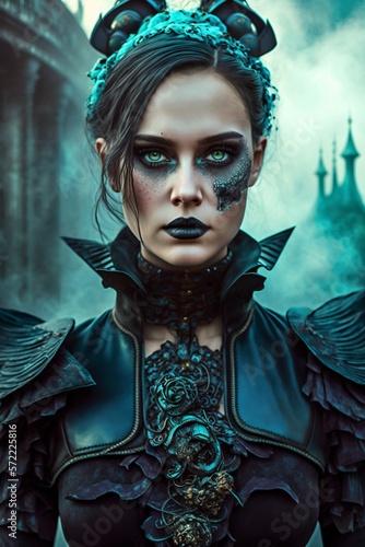 Fotografie Woman wearing dark black gothic bavarian dirndl. Generative ai.