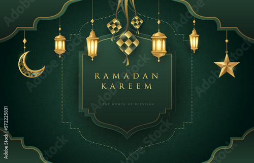 Ramadan Kareem design on green islamic background with gold ornament stars, moon, lanterns and ketupats. Suitable for raya and ramadan template concept. © CheowKeong