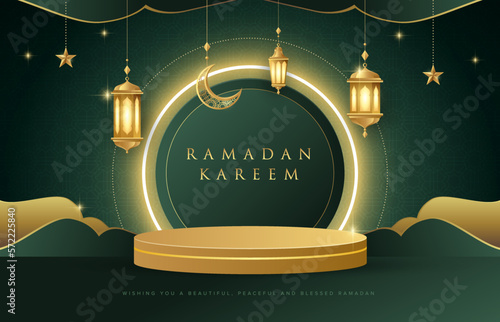 Ramadan Kareem design on green and gold islamic background with gold ornament stars, moon, lanterns and podium. Suitable for raya and ramadan template concept.