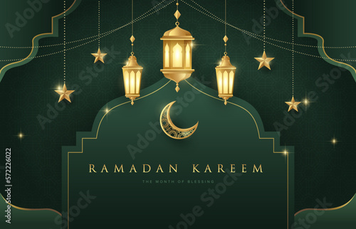 Ramadan Kareem design on green islamic background with gold ornament star, moon, lanterns. Suitable for raya and ramadan template concept.