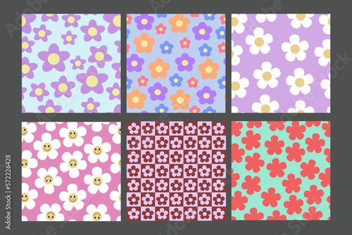 Set Groovy Flower Patterns Y2k Style. Abstract Square Seamless Patterns with Vintage Groovy Daisy Flowers. Colorful background, 60s, 70s, hippie aesthetic.