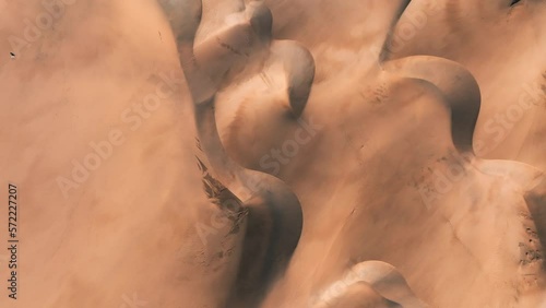 Panoramic aerial scene of the Maspalomas Dunes in Playa del Ingles, Maspalomas, Gran Canaria, Spain. Endless desert sands. Magical safari dunes.