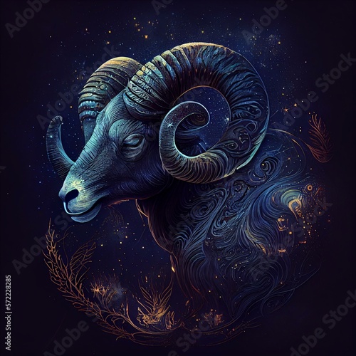zodiac sign Aries, starry night, highly detailed, dark smooth background AI Generated