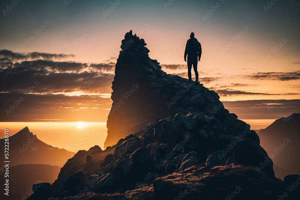 Silhouette of a hiker standing on top of a mountain during sunset or sunrise. Generative ai. 