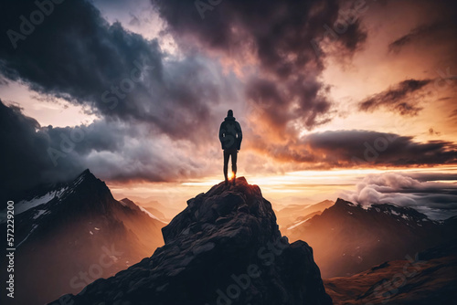 Silhouette of a hiker on top of a mountain during sunset. Generative ai © XtravaganT
