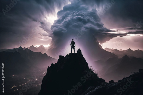 Hiker on top of a mountain with a thunderstorm approaching. Generative ai. 