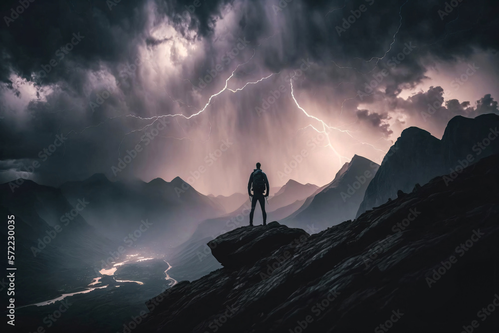 Silhouette of a hiker on a mountain with a gigantic storm approaching. Generative ai. 