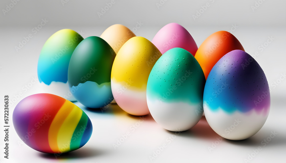 set of colorful easter eggs on flat background, generative ai