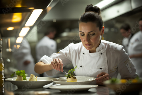 Photogenic Woman Expertly Preparing a Dish in High-End Restaurant Kitchen. AI	