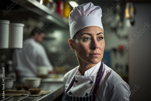 A Skilled Female Chef Captured in High-End Restaurant Kitchen. AI